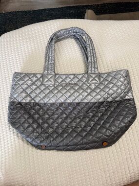 MZ Wallace Metallic Silver and Charcoal Quilted Tote